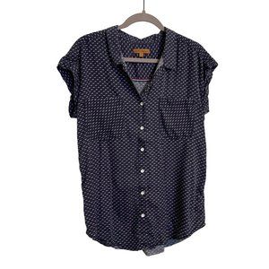 JACHS GIRLFRIEND BLOUSE SIZE‎ SMALL NAVY POLKADOR SHORT SLEEVE BUTTON DOWN